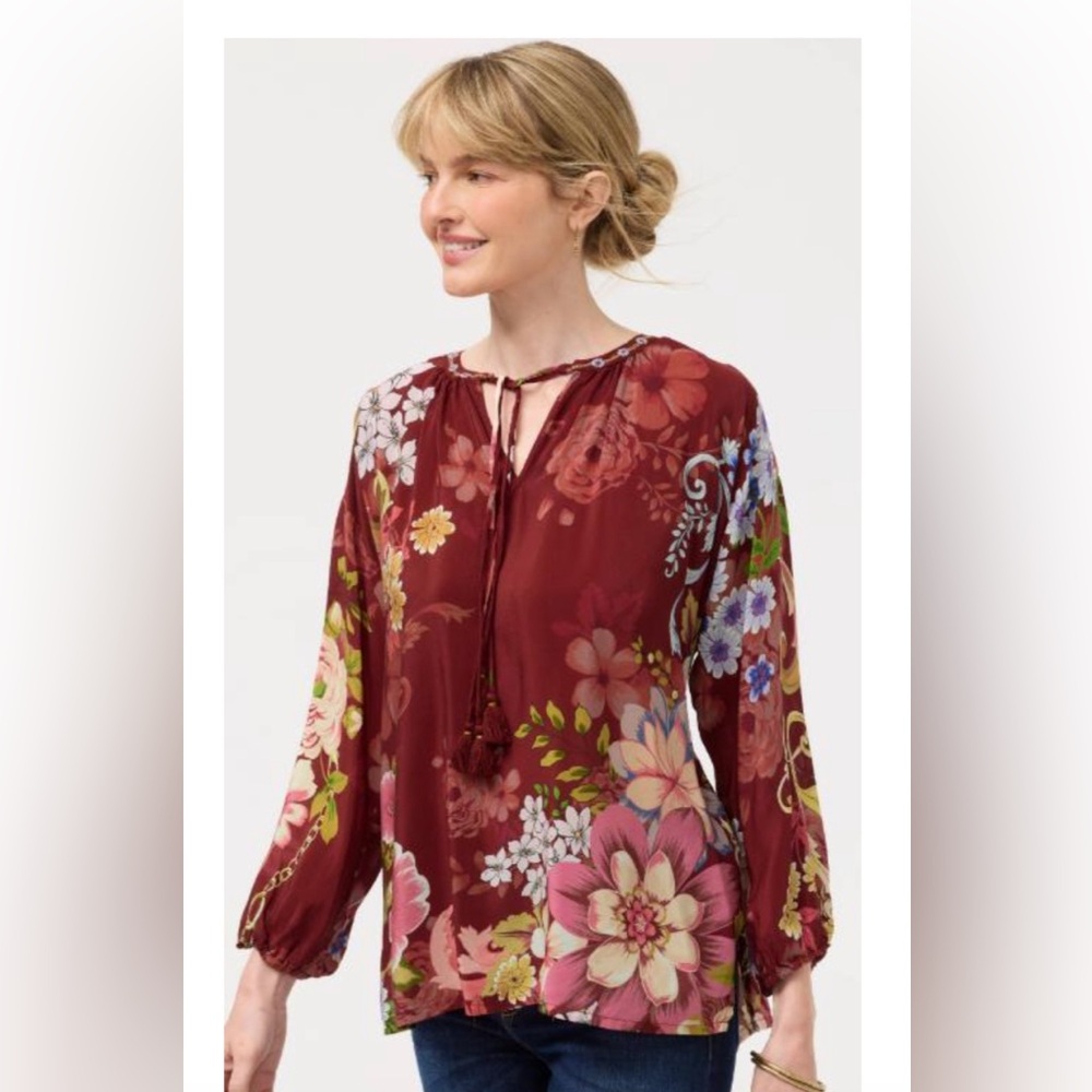 Johnny Was Silk Burgundy Floral Tie-Neck Blouse. S. NWT